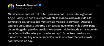 Publicación de Armando Benedetti sobre